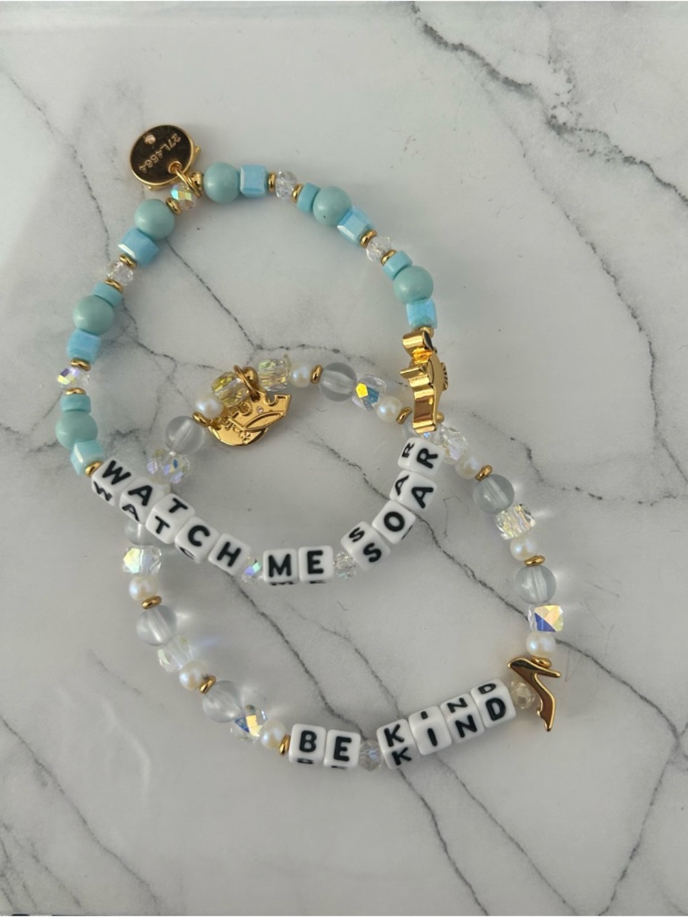 Handcrafted Blue and White Beaded Bracelet Set - Inspirational Message Charms